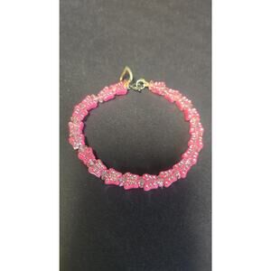Pink Butterfly Beaded Bracelet Girls Plastic Heart Spring Ring Jewelry 5in